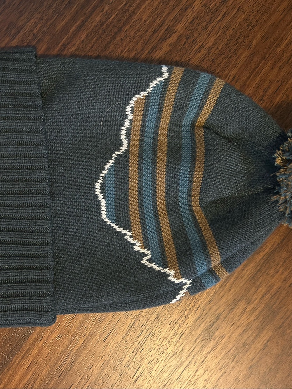 Patagonia Dark Gray Beanie with Blue and Brown Stripes